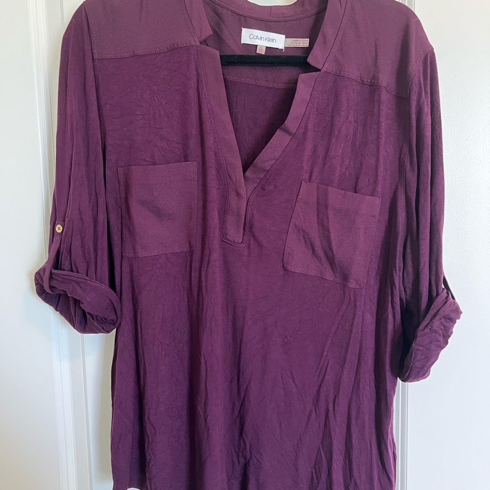 Calvin Klein Women's Deep Plum V-Neck Tunic with Roll-Tab Sleeves